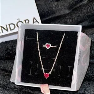 Pandora Jewelry Pandora Red And Silver Heart Necklace Set